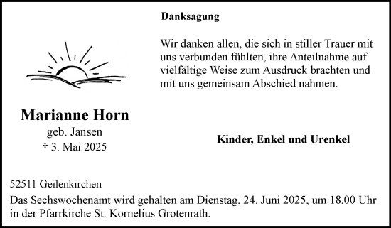 Traueranzeige von Marianne Horn von Zeitung am Sonntag