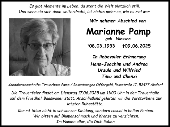 Traueranzeige von Marianne Pamp von Zeitung am Sonntag