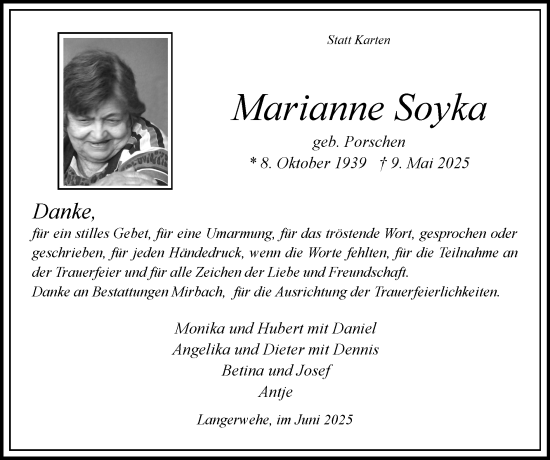 Traueranzeige von Marianne Soyka von Zeitung am Sonntag
