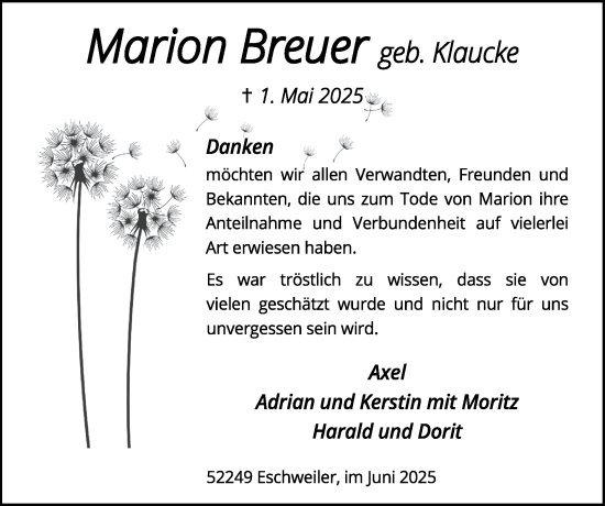 Traueranzeige von Marion Breuer von Zeitung am Sonntag