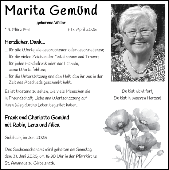 Traueranzeige von Marita Gemünd von Zeitung am Sonntag