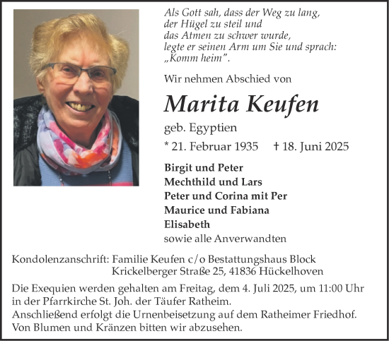 Traueranzeige von Marita Keufen von Zeitung am Sonntag