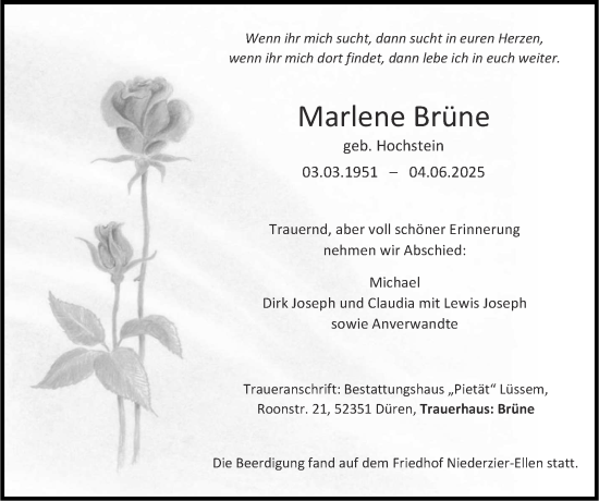 Traueranzeige von Marlene Brüne von Zeitung am Sonntag