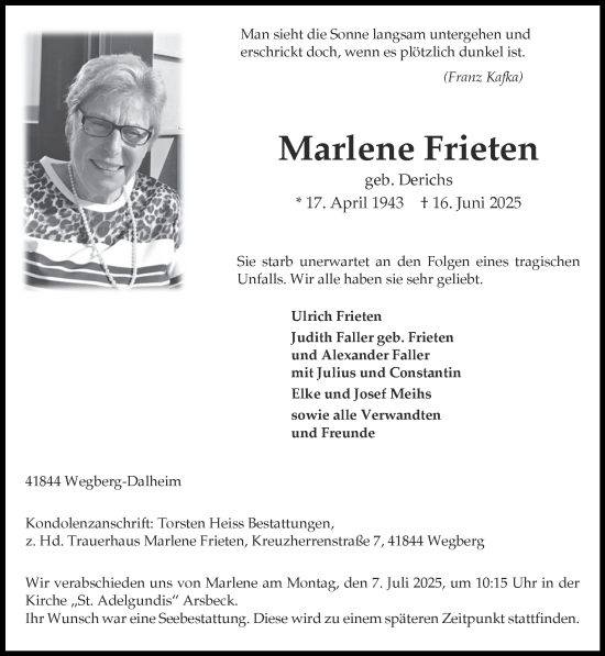 Traueranzeige von Marlene Frieten von Zeitung am Sonntag
