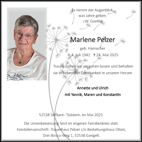 Traueranzeige von Marlene Pelzer von Zeitung am Sonntag
