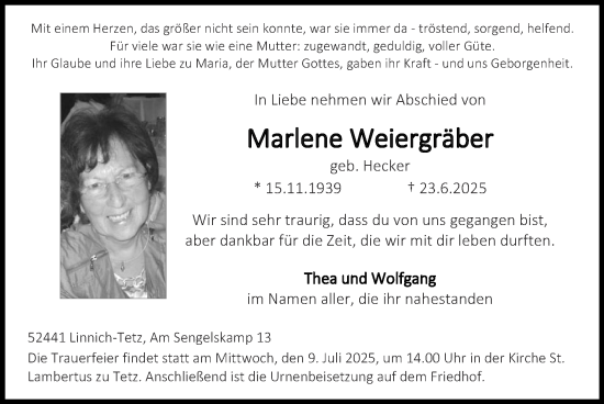 Traueranzeige von Marlene Weiergräber von Zeitung am Sonntag