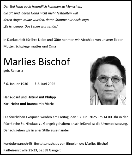 Traueranzeige von Marlies Bischof von Zeitung am Sonntag