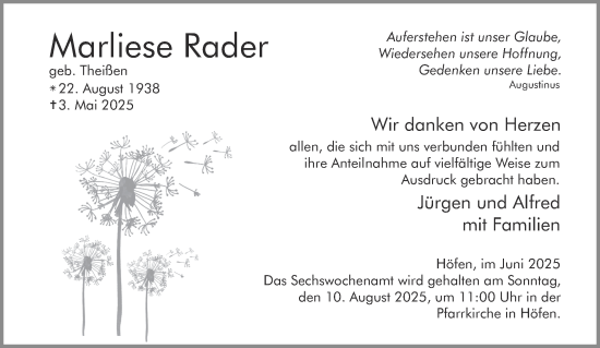 Traueranzeige von Marliese Rader von Aachener Zeitung
