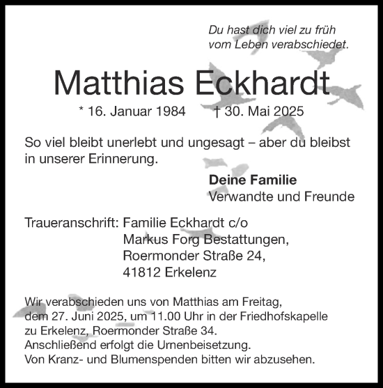 Traueranzeige von Matthias Eckhardt von Zeitung am Sonntag