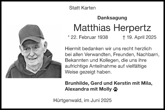 Traueranzeige von Matthias Herpertz von Zeitung am Sonntag
