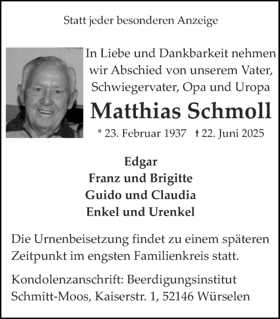 Traueranzeige von Matthias Schmoll von Zeitung am Sonntag