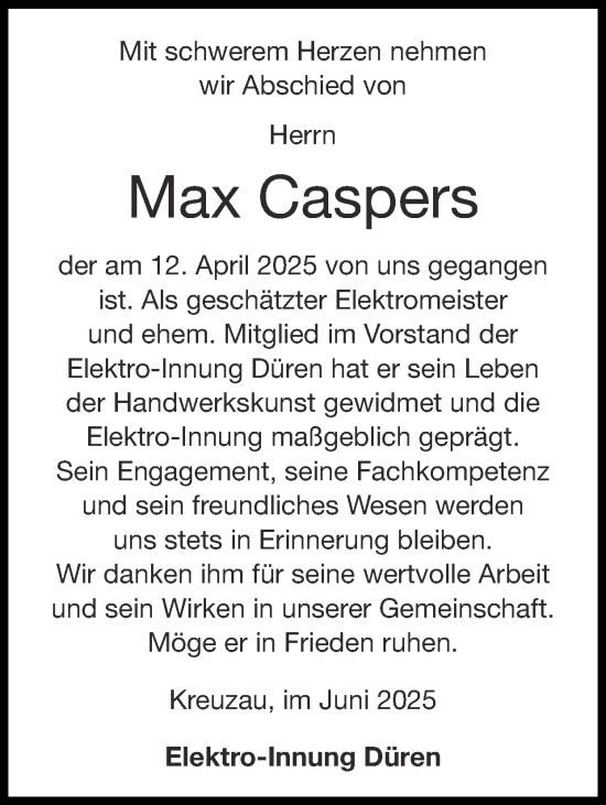 Traueranzeige von Max Caspers von Zeitung am Sonntag