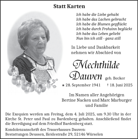 Traueranzeige von Mechthilde Dauven von Zeitung am Sonntag