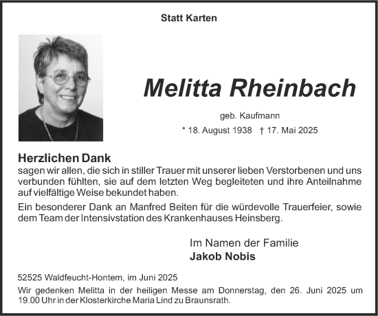 Traueranzeige von Melitta Rheinbach von Zeitung am Sonntag