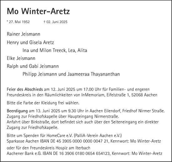 Traueranzeige von Mo Winter-Aretz von Aachener Zeitung