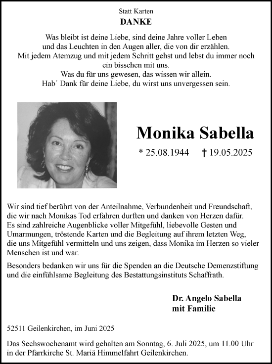 Traueranzeige von Monika Sabella von Zeitung am Sonntag