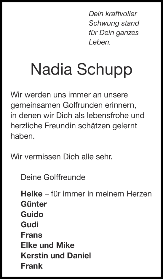 Traueranzeige von Nadia Schupp von Zeitung am Sonntag