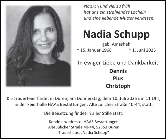 Traueranzeige von Nadia Schupp von Zeitung am Sonntag