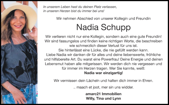 Traueranzeige von Nadia Schupp von Zeitung am Sonntag