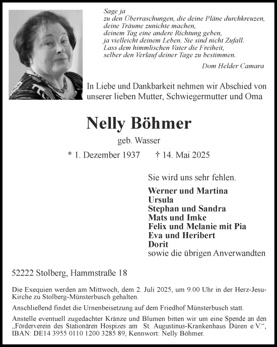 Traueranzeige von Nelly Böhmer von Zeitung am Sonntag