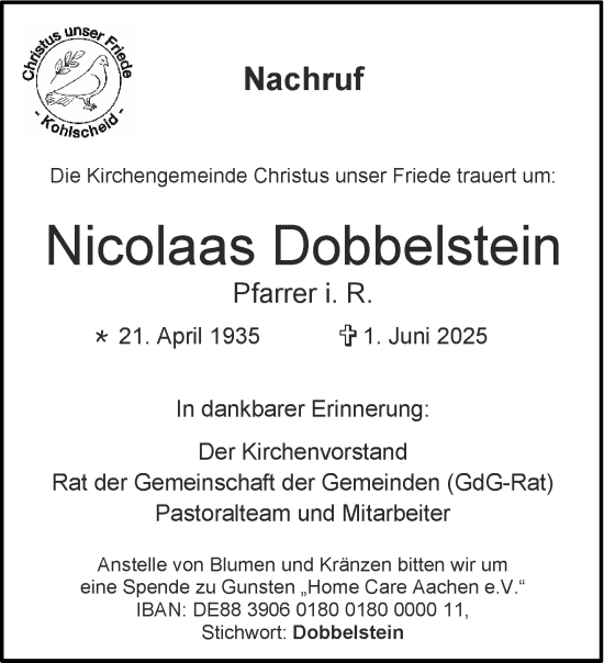 Traueranzeige von Nicolaas Dobbelstein von Aachener Zeitung