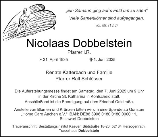 Traueranzeige von Nicolaas Dobbelstein von Aachener Zeitung