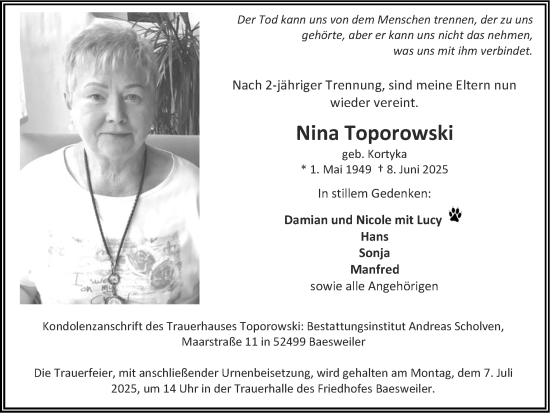 Traueranzeige von Nina Toporowski von Zeitung am Sonntag
