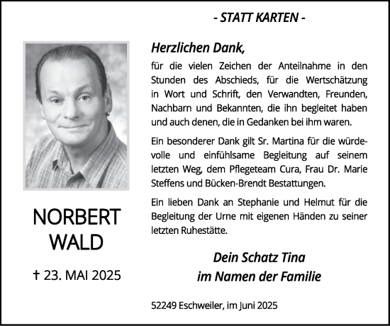 Traueranzeige von Norbert Wald von Zeitung am Sonntag