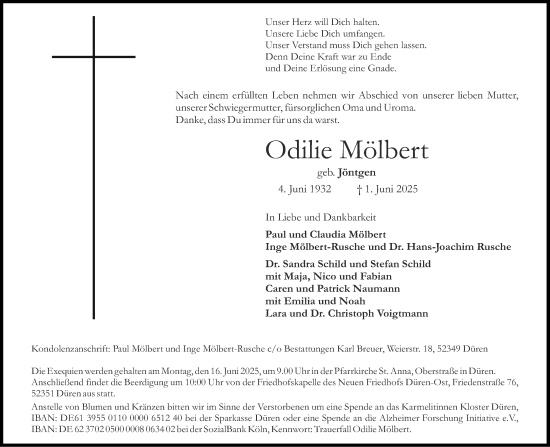 Traueranzeige von Odilie Mölbert von Aachener Zeitung