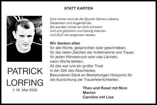 Traueranzeige von Patrick Lorfing von Zeitung am Sonntag