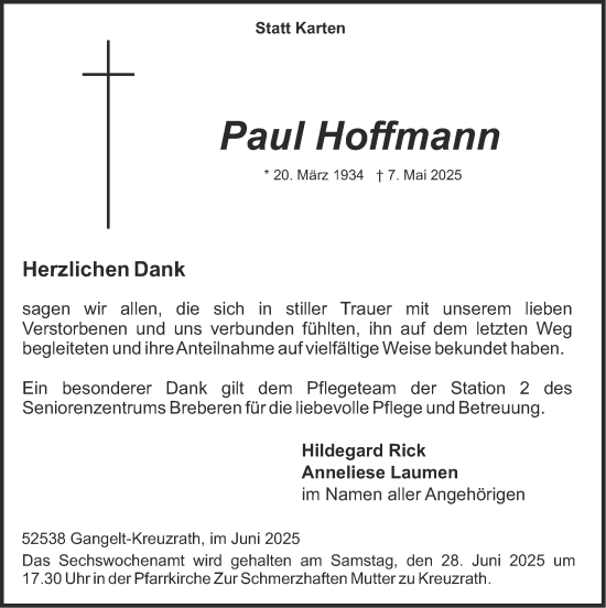Traueranzeige von Paul Hoffmann von Zeitung am Sonntag