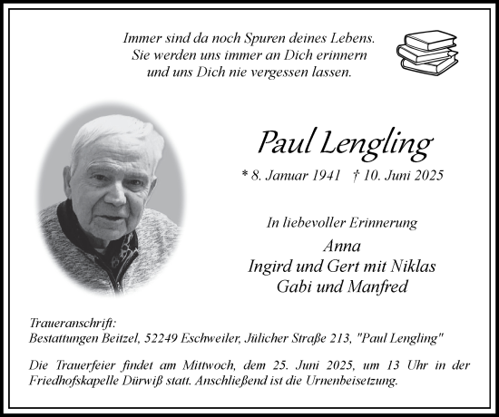 Traueranzeige von Paul Lengling von Zeitung am Sonntag