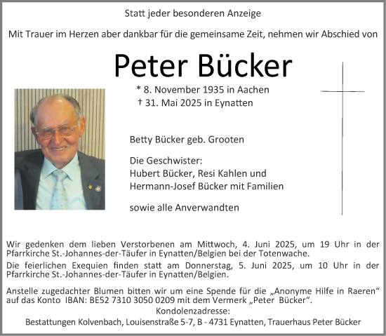 Traueranzeige von Peter Bücker von Aachener Zeitung