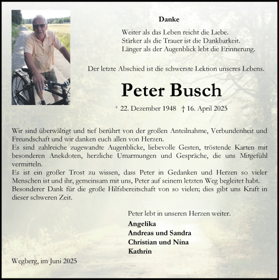 Traueranzeige von Peter Busch von Zeitung am Sonntag