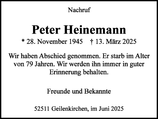 Traueranzeige von Peter Heinemann von Zeitung am Sonntag