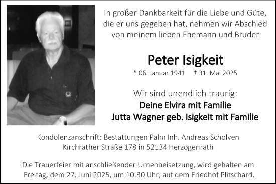 Traueranzeige von Peter Isigkeit von Zeitung am Sonntag