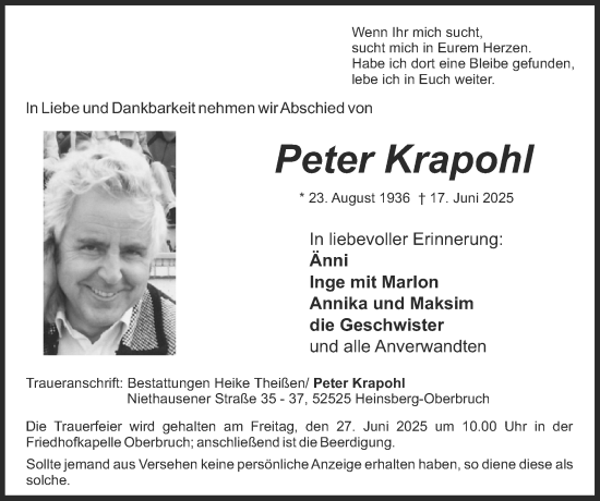 Traueranzeige von Peter Krapohl von Zeitung am Sonntag