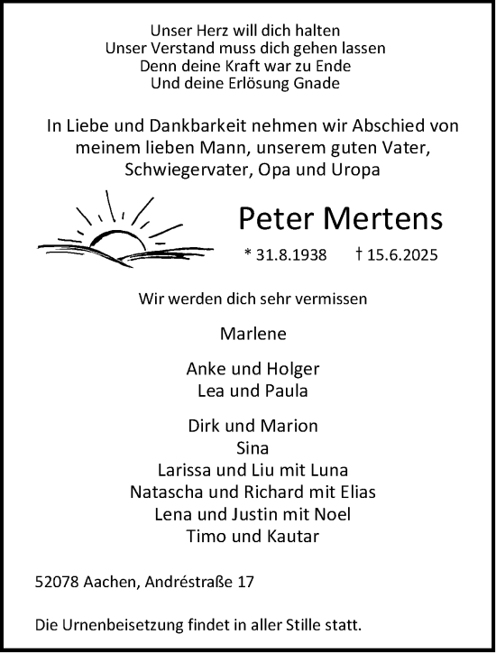 Traueranzeige von Peter Mertens von Zeitung am Sonntag