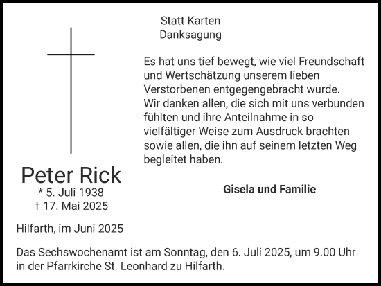 Traueranzeige von Peter Rick von Zeitung am Sonntag