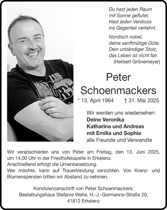 Traueranzeige von Peter Schoenmackers von Zeitung am Sonntag