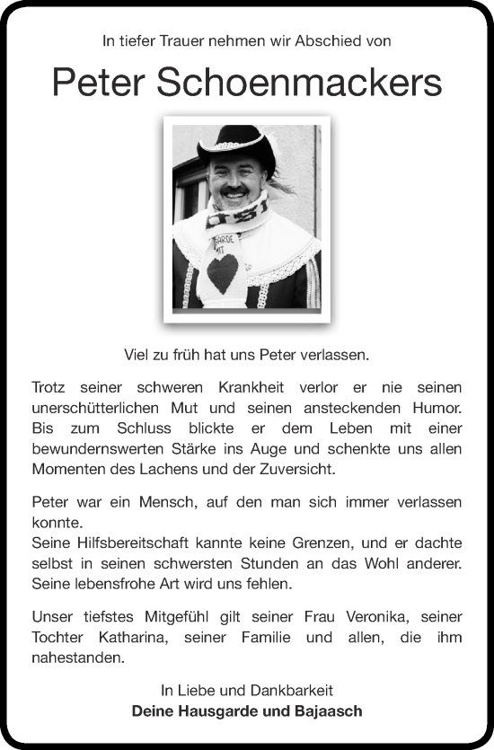 Traueranzeige von Peter Schoenmackers von Zeitung am Sonntag