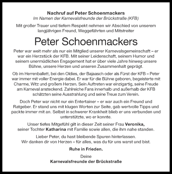 Traueranzeige von Peter Schoenmackers von Zeitung am Sonntag