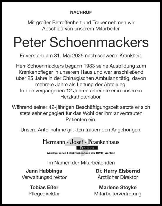 Traueranzeige von Peter Schoenmackers von Zeitung am Sonntag
