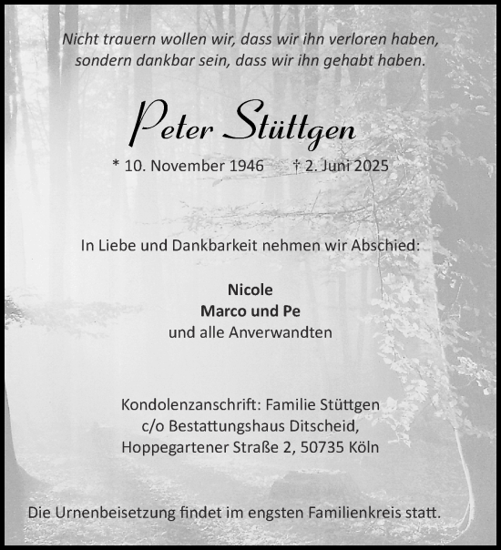 Traueranzeige von Peter Stüttgen von Aachener Zeitung