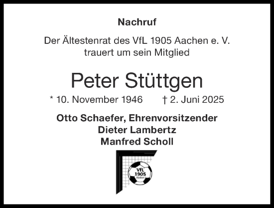 Traueranzeige von Peter Stüttgen von Zeitung am Sonntag