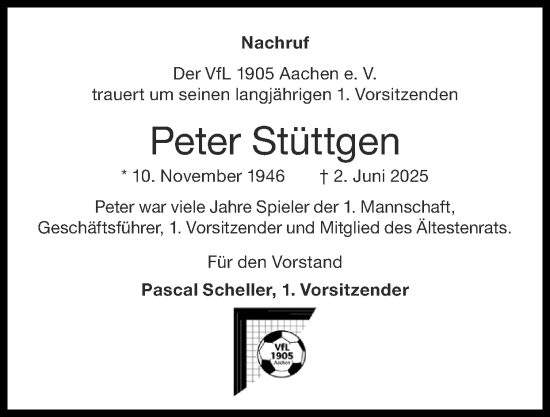 Traueranzeige von Peter Stüttgen von Zeitung am Sonntag