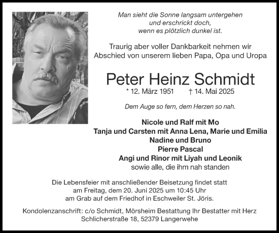 Traueranzeige von Peter Heinz Schmidt von Zeitung am Sonntag