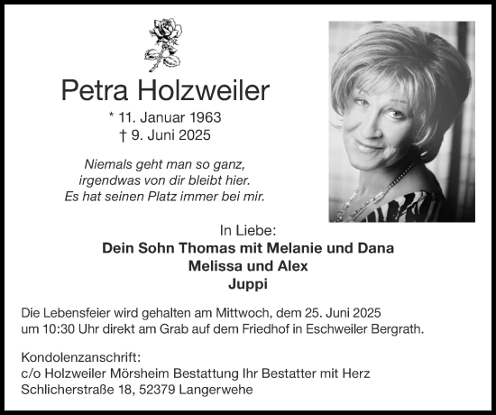 Traueranzeige von Petra Holzweiler von Zeitung am Sonntag