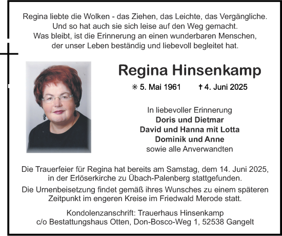 Traueranzeige von Regina Hinsenkamp von Zeitung am Sonntag