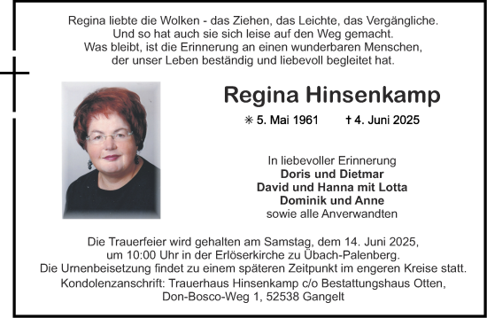 Traueranzeige von Regina Hinsenkamp von Aachener Zeitung